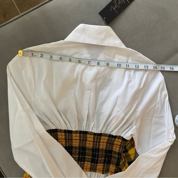 Petersyn Monroe Blouse Plaid Tartan Panel Tie Back Blouse White Yellow S - Picture 6 of 16